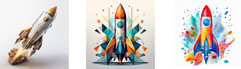 Poster - Three stylized rocket illustrations; one realistic, one geometric, one watercolor.  Representing launch, innovation, and progress.