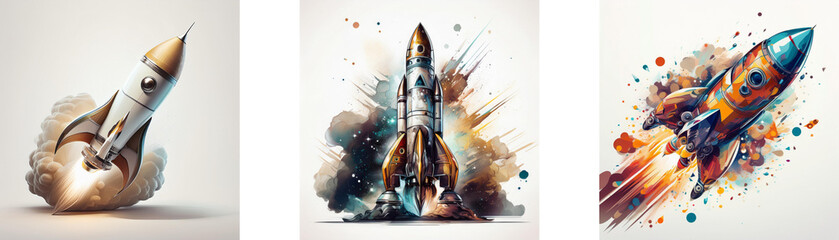 Leinwandbilder - Three rockets depicted in vibrant watercolor styles, showcasing launch and flight phases with dynamic splashes of color.