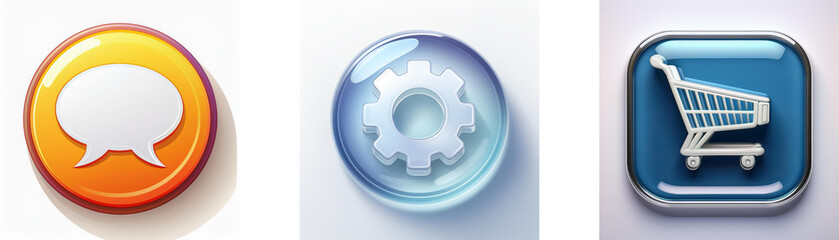 Aufkleber - Three glossy buttons depict communication, settings, and shopping.  Orange, blue, and light blue colors are used for the buttons.
