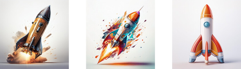 Leinwandbilder - Three stylized rockets, launching, exploding with color and motion.  A dynamic depiction of speed, innovation, and flight.