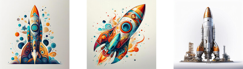 Poster - A trio of vibrant rockets, each uniquely styled, symbolizes innovation and space exploration.  One is colorful and abstract, another is detailed and realistic, and a third is ready for launch.