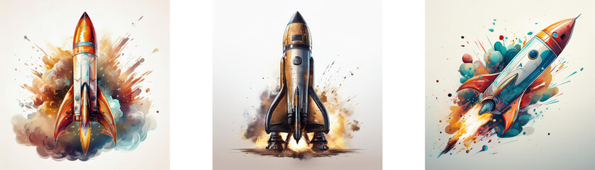 Poster - Three rockets launch amidst vibrant, colorful explosions.  Each rocket showcases unique design and fiery propulsion.