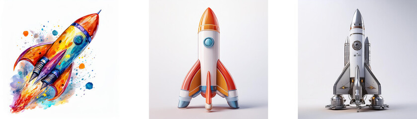 Poster - Three rocket illustrations showcase diverse artistic styles: watercolor, 3D render, and photorealistic.  Each depicts a unique rocket design, symbolizing innovation and space exploration.