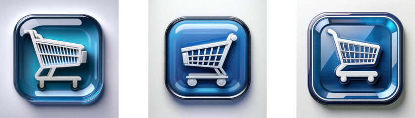Poster - three glossy blue square buttons feature a shopping cart icon. the cart is white, detailed, and cent