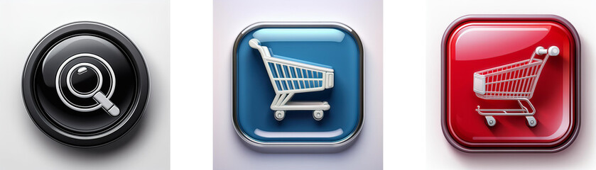 Aufkleber - Three glossy buttons; one black with a magnifying glass, and two showing shopping carts blue and red. Online search and e-commerce concept.