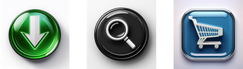 Aufkleber - Three glossy buttons depict download, search, and shopping cart icons.  Simple, clean design for digital interface.