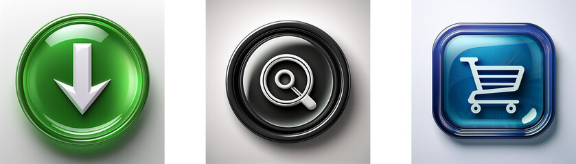 Aufkleber - Three glossy buttons depict download, search, and shopping cart icons.  Simple, clean design.