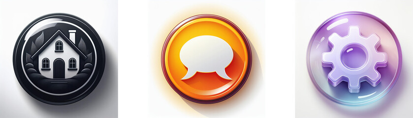 Leinwandbilder - Three glossy circular icons: home, speech bubble, settings.  Modern interface design elements.