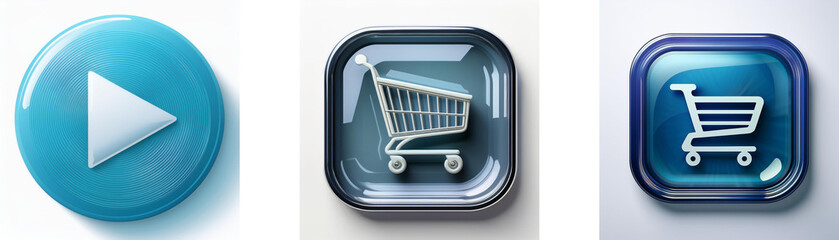 Poster - Three glossy buttons: play, shopping cart, shopping cart.  Modern interface design elements.