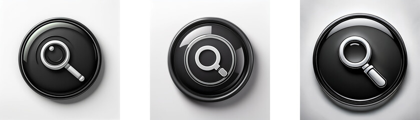 Aufkleber - Three glossy black circular buttons feature a magnifying glass icon; one displays a static image, another shows a loading animation, and the third presents a detailed magnifying glass.