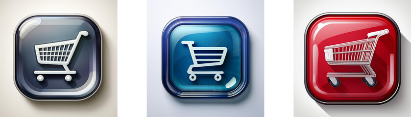 Fototapete - Three glossy square buttons display a shopping cart icon in varying colors: gray, blue, and red.  Each button features a subtle shadow effect.
