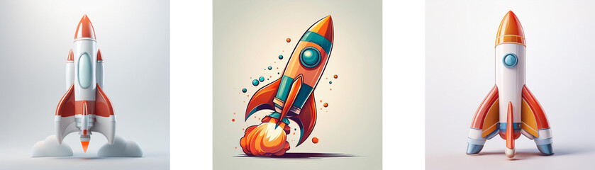 Leinwandbilder - Three stylized rockets, each with unique design and pose, represent launching, speed, and innovation.