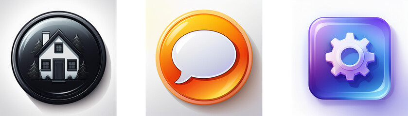 Poster - Three glossy app icons: a house, a speech bubble, and a gear.  Modern, colorful design.