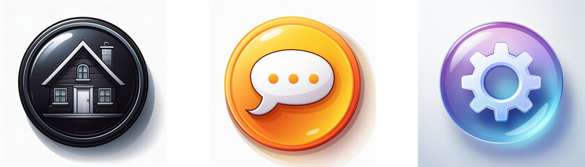 Leinwandbilder - Three glossy circular buttons depict house, speech bubble, and gear icons, representing home, communication, and settings.