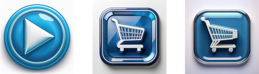 Poster - Three glossy buttons: play, shopping cart, shopping cart.  One round, two square. Blue with white icons.
