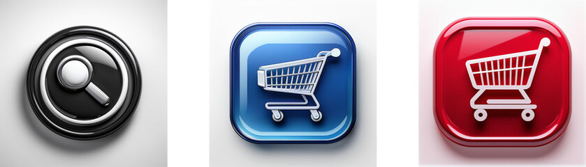 Aufkleber - Three glossy buttons: search, blue shopping cart, red shopping cart.  Online shopping and search icons.