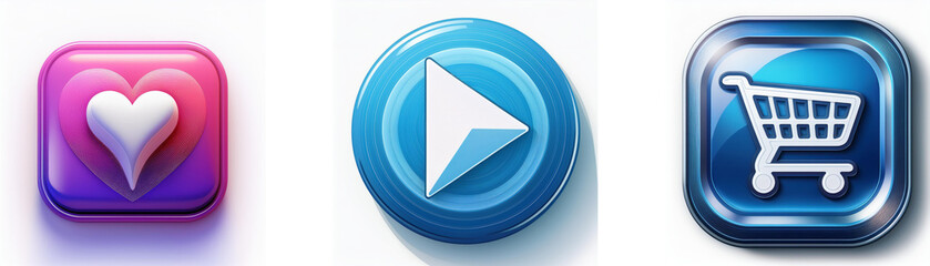 Leinwandbilder - Three glossy buttons: a heart, a play symbol, and a shopping cart.  These colorful icons represent love, media, and commerce.