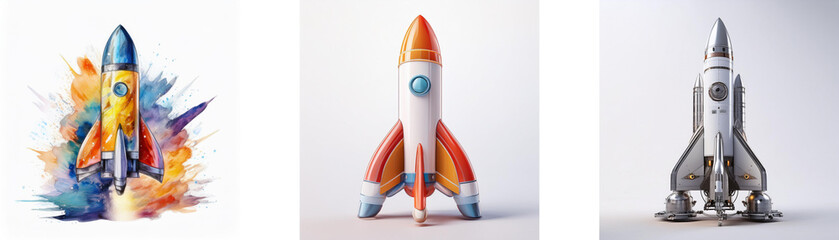 Fototapete - Three rockets, each with unique design and color scheme, symbolize innovation, speed, and exploration.  One is bursting from a colorful explosion.