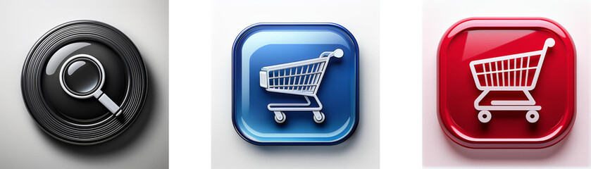 Aufkleber - Three glossy buttons; one shows a magnifying glass, the other two depict shopping carts on blue and red backgrounds.  Online search and e-commerce concept.