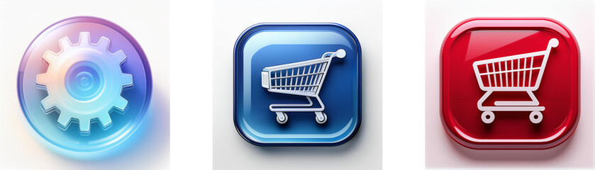 Poster - Three glossy buttons; one shows a gear, another a shopping cart on blue, and the last a shopping cart on red.  Represents settings, online shopping, and e-commerce.