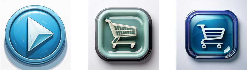 Poster - Three glossy buttons; one shows a play symbol, the others display shopping carts.  Simple, colorful interface elements.