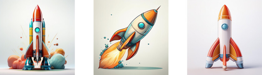 Poster - Three stylized rockets, poised for launch, display vibrant colors and dynamic poses. One is mid-flight, another at rest, and a third in launching sequence.  A splash of color surrounds the base of eac