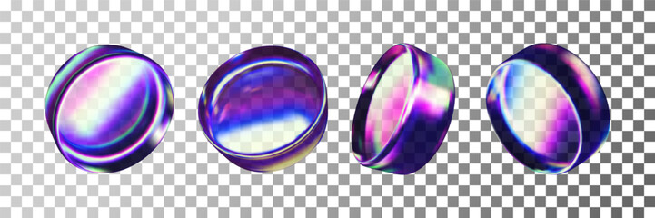 Poster - 3d set of glass round shapes with holographic effect isolated. Render collection of crystal circles on transparent background. Mirror glass disc with with rainbow gradient texture. Vector illustration