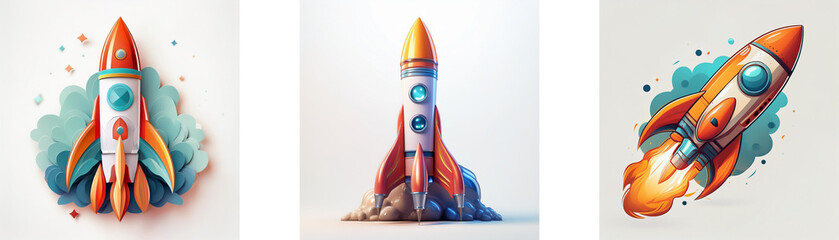 Poster - Three stylized rockets, in various stages of flight, against simple backgrounds.  The rockets are vibrant and cartoonish.