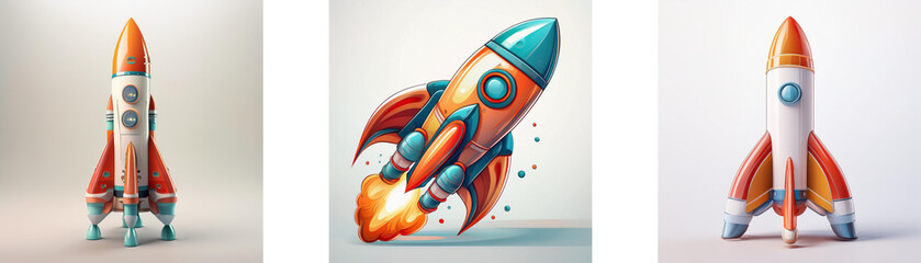 Poster - Three stylized rockets, varying in pose and color, poised for launch.  One is stationary, while others appear mid-flight, showcasing dynamic movement and vibrant hues.