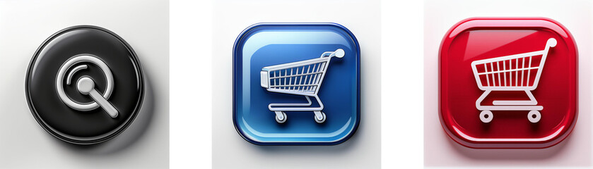 Poster - Three glossy buttons: one black with a search icon, two others, blue and red, each displaying a shopping cart.  Represents online shopping and search functionality.