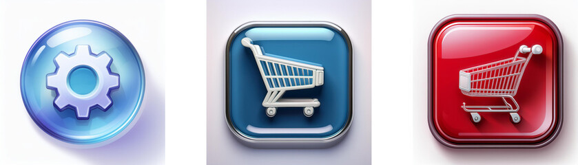 Poster - Three glossy buttons: a blue gear, a blue shopping cart, and a red shopping cart.  These represent settings, online shopping, and e-commerce.