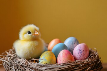 Wall Mural - Cute baby chick sitting in nest with colorful easter eggs