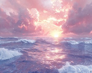 Canvas Print - Pink sunset over ocean waves. (3)