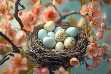 Wall Mural - Easter eggs nest resting on blooming spring tree branch