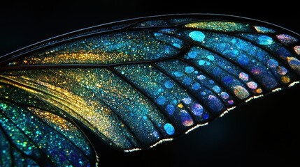 Poster - Close-up of Iridescent Butterfly Wing with Vibrant Teal, Blue, and Gold Hues Against Dark Background