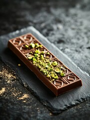 Poster - Cut chocolate with pistachio filling on golden plate amid intricate Arabic patterns. Generative AI