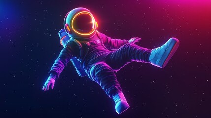 a space astronaut wearing white sneakers, dancing in the air with neon light