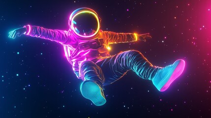 a space astronaut wearing white sneakers, dancing in the air with neon light