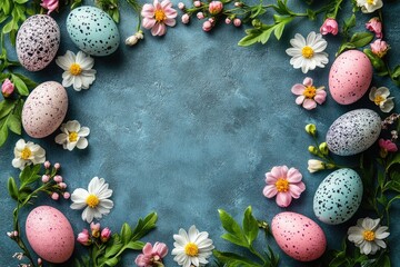 Wall Mural - Easter eggs and blooming cherry tree branches forming a frame on blue background