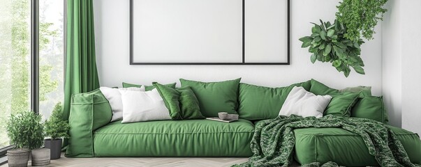 Wall Mural - Green sofa in modern living room, plants, large window. Home interior design