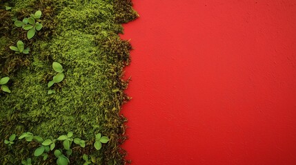 Wall Mural - Textured greenery meets striking red surface.