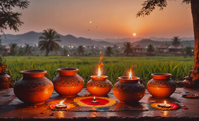 Poster - a group of five clay pots with candles inside them are arranged on a table. the candles are lit and 