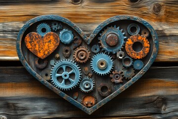 Poster - Heart shaped gears and cogs displaying steampunk style on wooden background