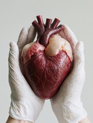 Aufkleber - Realistic anatomical heart held gently in gloved hands, showcasing intricate details and textures in a clinical setting. Generative AI