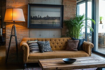 Poster - Comfortable mustard sofa illuminating cozy living room with industrial design