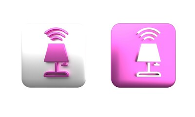 Wall Mural - Colorful Smart table lamp system icon isolated on white background. Internet of things concept with wireless connection. Square button. 3D render illustration