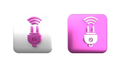 Poster - Colorful Smart electric plug system icon isolated on white background. Internet of things concept with wireless connection. Square button. 3D render illustration