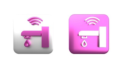 Poster - Colorful Smart water tap system icon isolated on white background. Internet of things concept with wireless connection. Square button. 3D render illustration