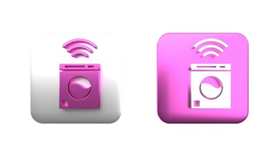 Poster - Colorful Smart washer system icon isolated on white background. Washing machine icon. Internet of things concept with wireless connection. Square button. 3D render illustration