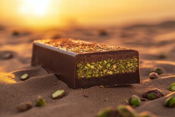 Poster - Chocolate bar filled with pistachio paste on sandy beach during sunset. Generative AI